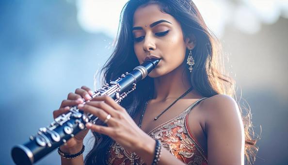 ファゴットを演奏するアジア人女性の写真