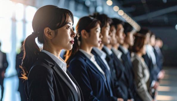 斜めの角度から見た整列する若い会社員 斜めの角度から見た整列する若い会社員の写真