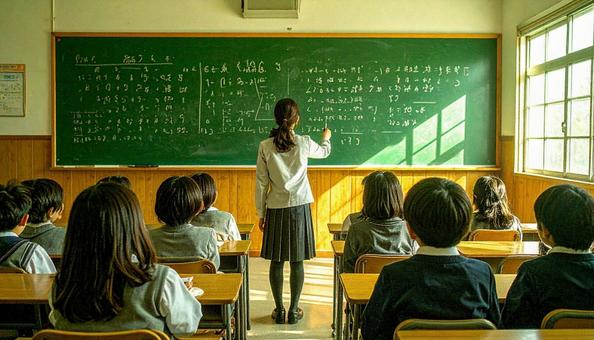 黒板に字を書く先生と授業を聞く生徒たちの写真