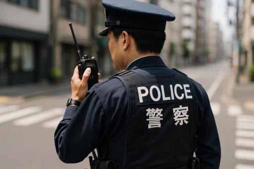 無線で連絡を取る警察官 無線で連絡を取る警察官の写真