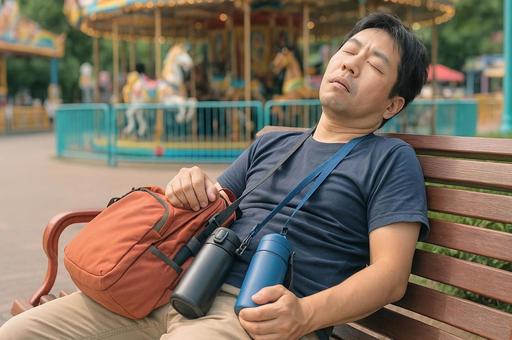 遊園地に来てベンチでうたた寝をする男性の写真