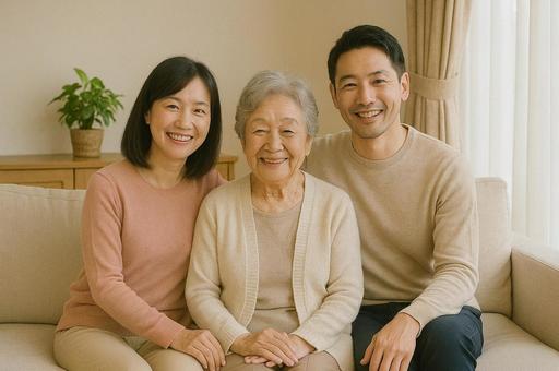 ソファーに座る日本人の家族 ソファーに座る日本人の家族の写真