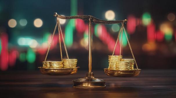 投資の公平性を示す天秤と金色の硬貨 投資の公平性を示す天秤と金色の硬貨の写真