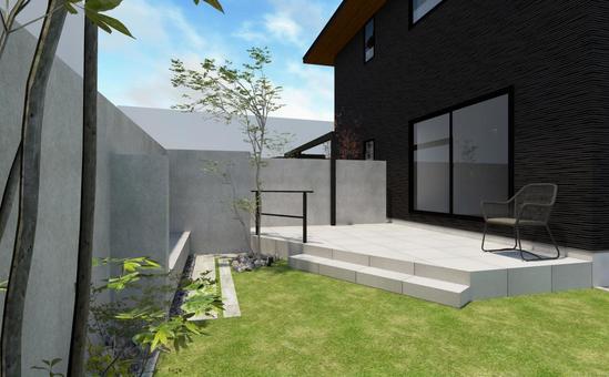 タイルテラスとベンチのある癒しの庭 庭,外構,エクステリアの写真素材