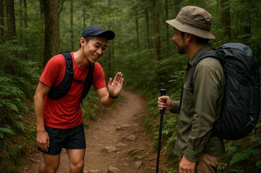 登山道で他の登山者とすれ違うランナー 登山道で他の登山者とすれ違うランナーの写真