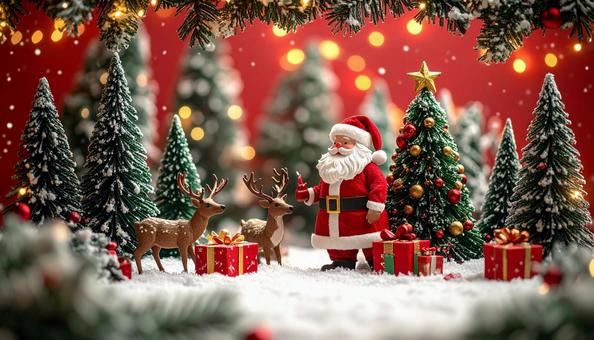 雪の森でサンタとトナカイが祝うクリスマス 雪の森でサンタとトナカイが祝うクリスマスの写真