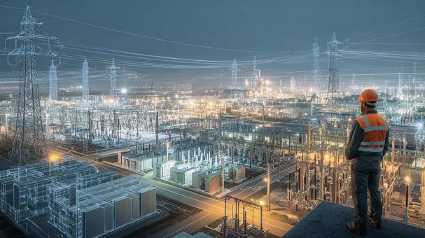 未来を担う電力インフラ:変電所と作業員 未来を担う電力インフラ:変電所と作業員の写真
