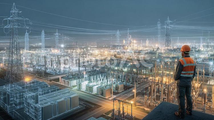 未来を担う電力インフラ：変電所と作業員 作業員,男性,ヘルメットの写真素材