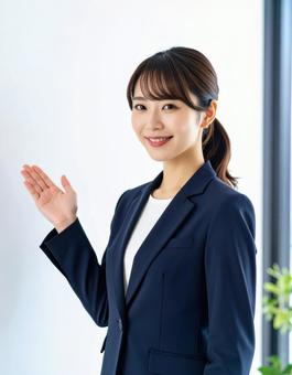 案内ポーズをするスーツ姿の女性 案内ポーズをするスーツ姿の女性の写真