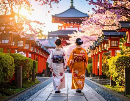 桜の満開の京都風な風景を歩く芸者 桜の満開の京都風な風景を歩く芸者の写真