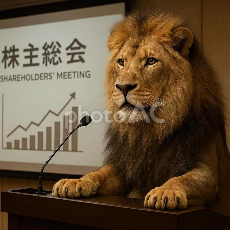 株主総会で経営報告するライオン ライオン,株主総会,プレゼンの写真素材