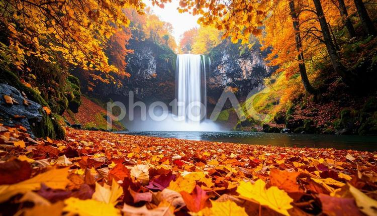 秋の紅葉に囲まれた滝の写真 秋,紅葉,滝の写真素材
