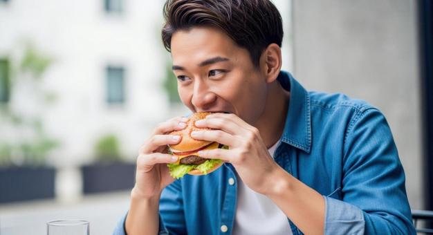 ハンバーガーを食べる男性のアップ写真の写真
