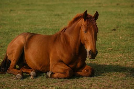 眠るように座る馬 眠るように座る馬の写真