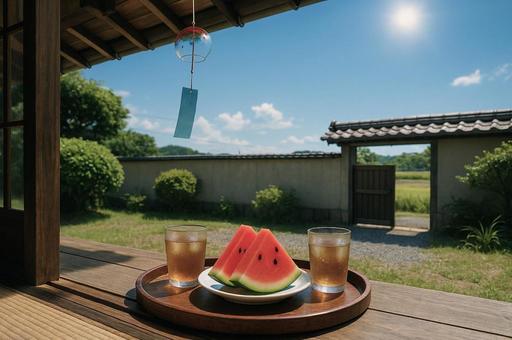 夏の縁側で楽しむスイカと麦茶 夏の縁側で楽しむスイカと麦茶の写真
