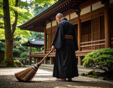 掃除をする僧侶 掃除をする僧侶の写真