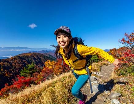 カラフルな登山ウェアで秋の山登る山ガールの写真