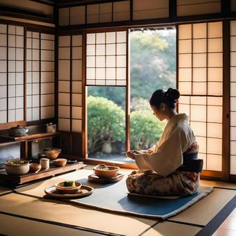 和室で食事を楽しむ女性の写真