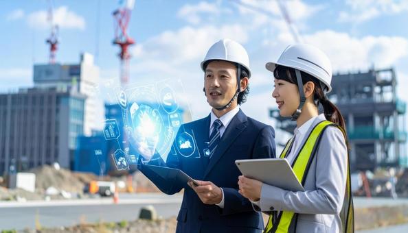 ホログラムのデータを見て議論する建築現場 ホログラムのデータを見て議論する建築現場の写真