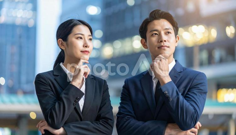 考えごとをする男女2人のビジネスパーソン 男性,女性,男女の写真素材