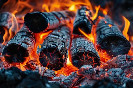 燃え上がる薪と炭火のクローズアップ  燃え上がる薪と炭火のクローズアップ の写真