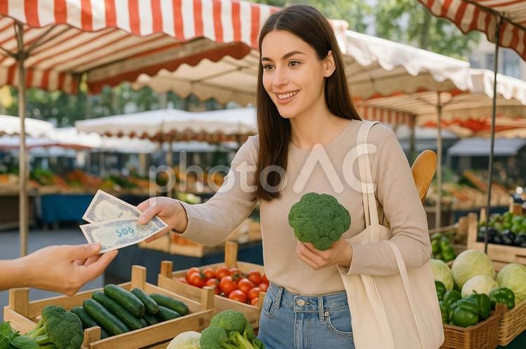 地域通貨やマルシェで買い物する若い女性 地域通貨,マルシェ,買い物の写真素材