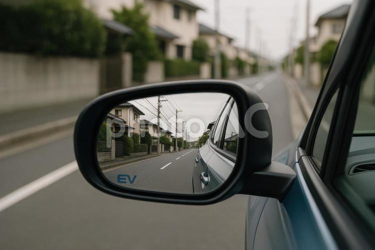 サイドミラーに映る街並みと車の後方風景 サイドミラー,ミラー越し,街並みの写真素材