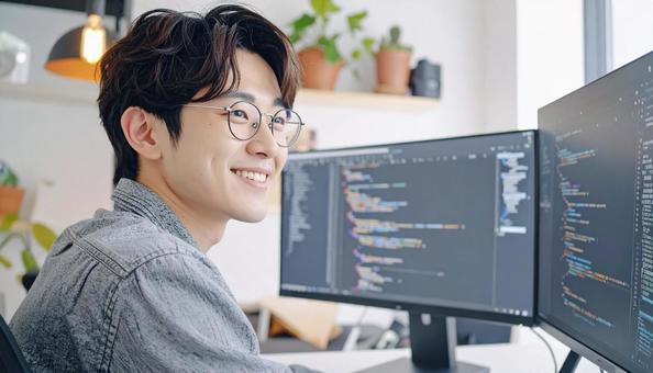プログラミングをする男性エンジニア プログラミングをする男性エンジニアの写真
