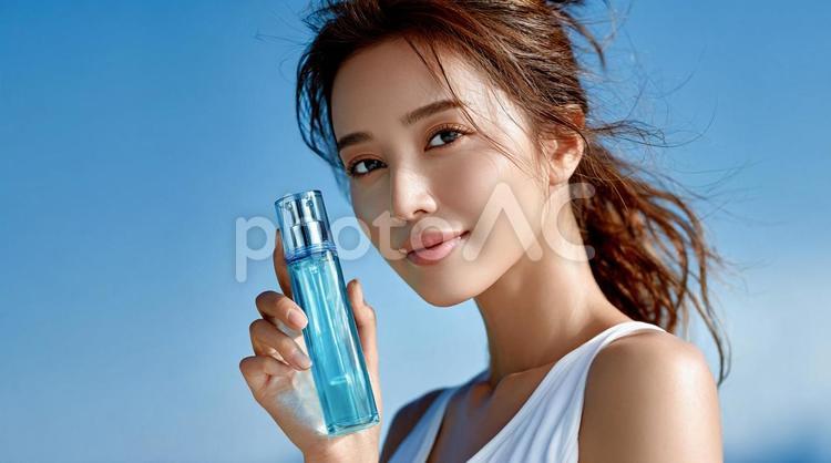 美しい女性が紹介する美容液プロモーション 化粧水,化粧品,スキンケアの写真素材