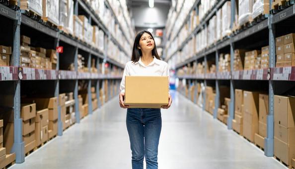 段ボールを運ぶ女性　物流イメージの写真