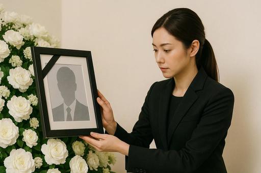 遺影と花を確認するスタッフの写真