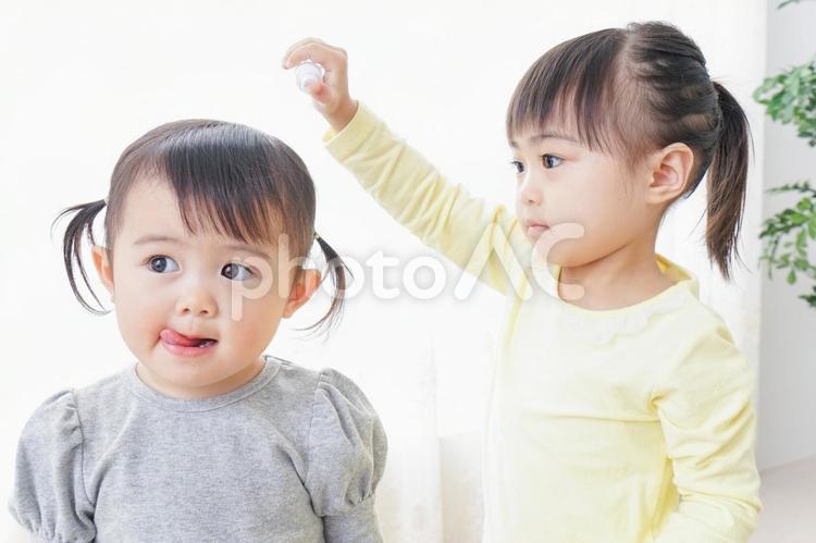 美容師ごっこをする二人の子供 成長,女の子,遊ぶの写真素材
