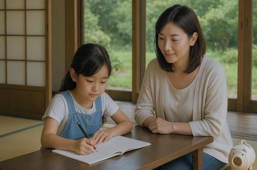 夏休みの宿題をする親子 夏休みの宿題をする親子の写真