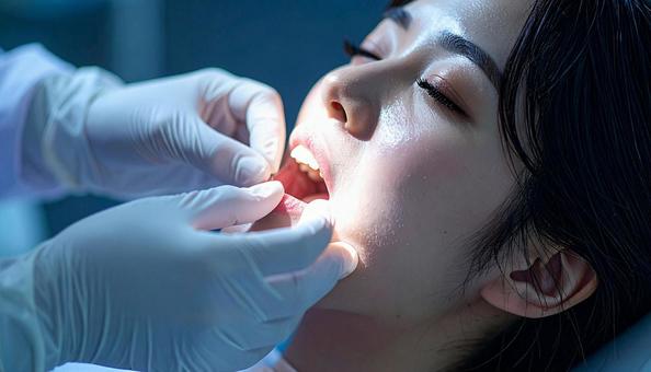 歯医者で患者の歯肉を指で歯肉マッサージ 歯医者で患者の歯肉を指で歯肉マッサージの写真