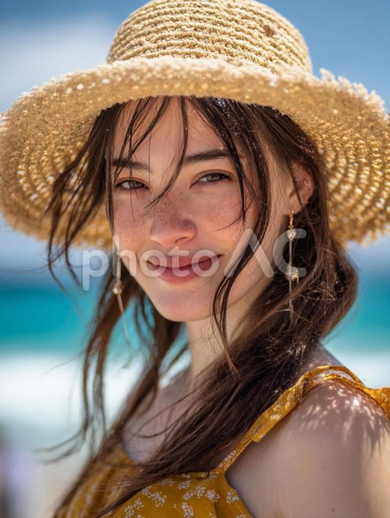 海辺の麦わら帽子を被った女性 ai人物,ポートレート,海辺の写真素材