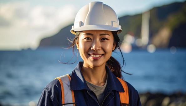 青空と海の背景に笑顔の作業服の若い女性 青空と海の背景に笑顔の作業服の若い女性の写真