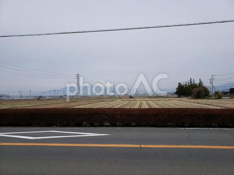 田んぼと富士山　遠景 富士山,風景,道路の写真素材