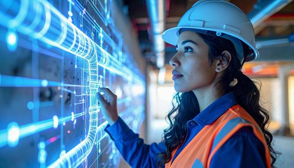 壁内部の配管をホログラムで確認する作業員の写真