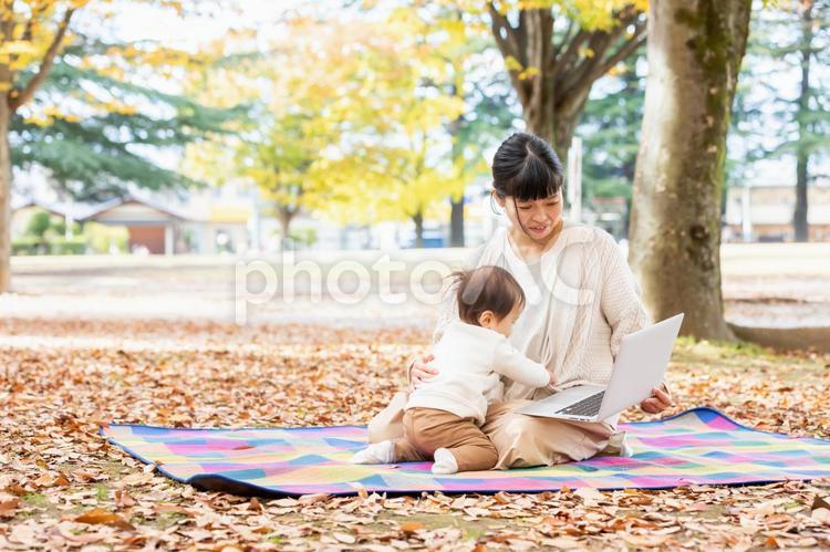 秋の公園でママとノートパソコンで遊ぶ赤ちゃん ワーケーション,親子,テレワークの写真素材