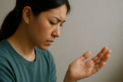 困った表情で手を見る女性の横顔・悩む 困った表情で手を見る女性の横顔・悩むの写真