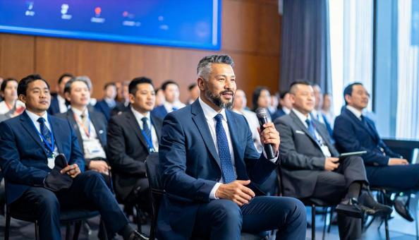 Shareholders asking questions to management at the general meeting, shareholder, businessman, microphone, JPG