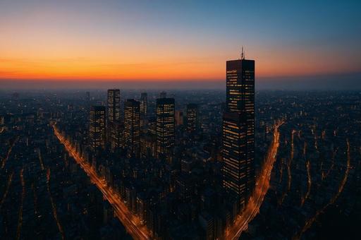 摩天楼を見下ろすドローン夕景 摩天楼を見下ろすドローン夕景の写真