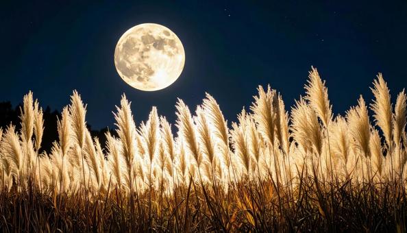 すすきの穂と中秋の名月　秋の写真