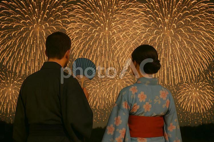 花火を見ている、浴衣のカップル 花火,夏,打上げ花火の写真素材