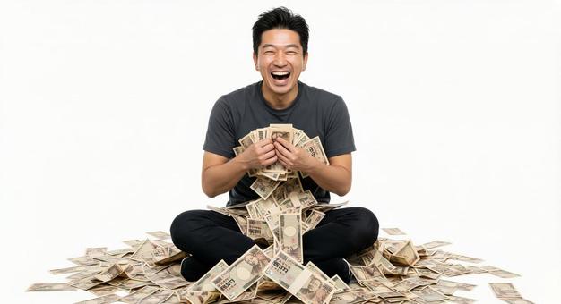 大金を手にして喜ぶ男性 大金を手にして喜ぶ男性の写真