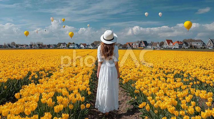 青空の下、黄色い絨毯を歩く女性 女性,帽子,花の写真素材