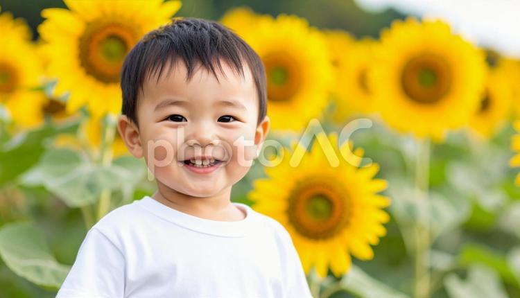 ヒマワリを背景にした少年のポートレート ヒマワリ,花,少年の写真素材
