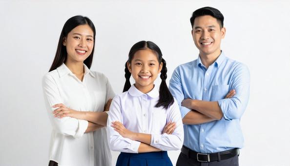 仲良しの制服の子供と両親のポートレート 仲良しの制服の子供と両親のポートレートの写真