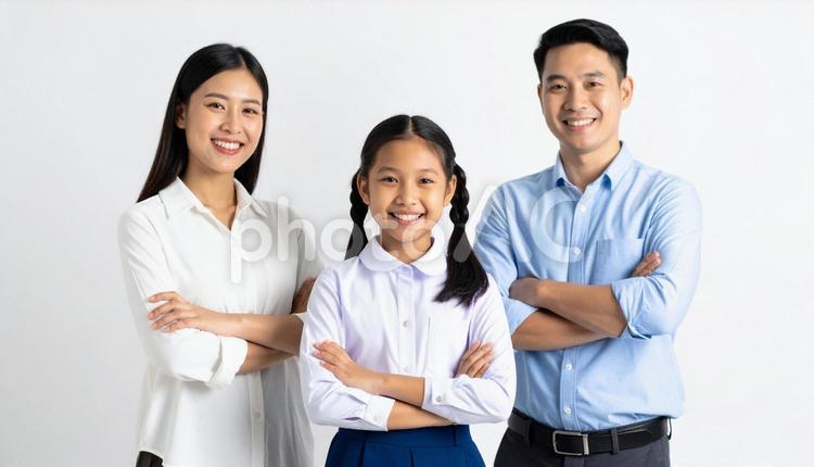 仲良しの制服の子供と両親のポートレート 制服,女性,3人の写真素材