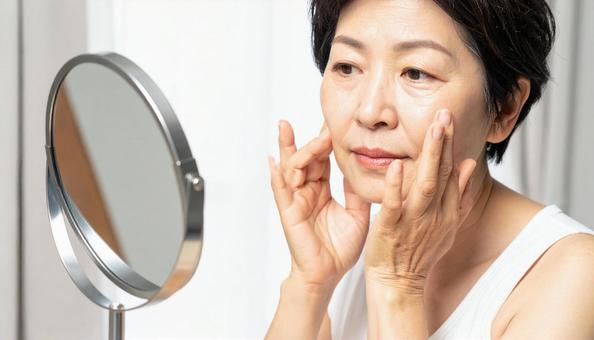 ほうれい線を気にしてほほを触る中年の女性 ほうれい線を気にしてほほを触る中年の女性の写真